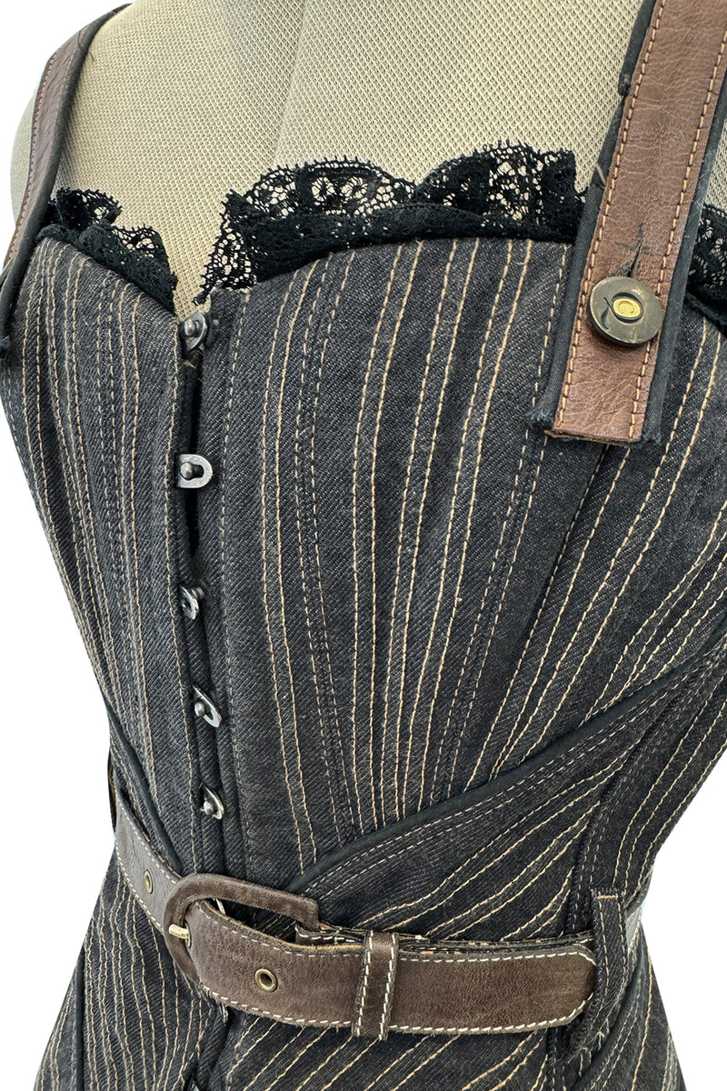 Exceptional Fall 2002 Alexander McQueen Runway Look 44 Corset Mini Dress w Leather Details