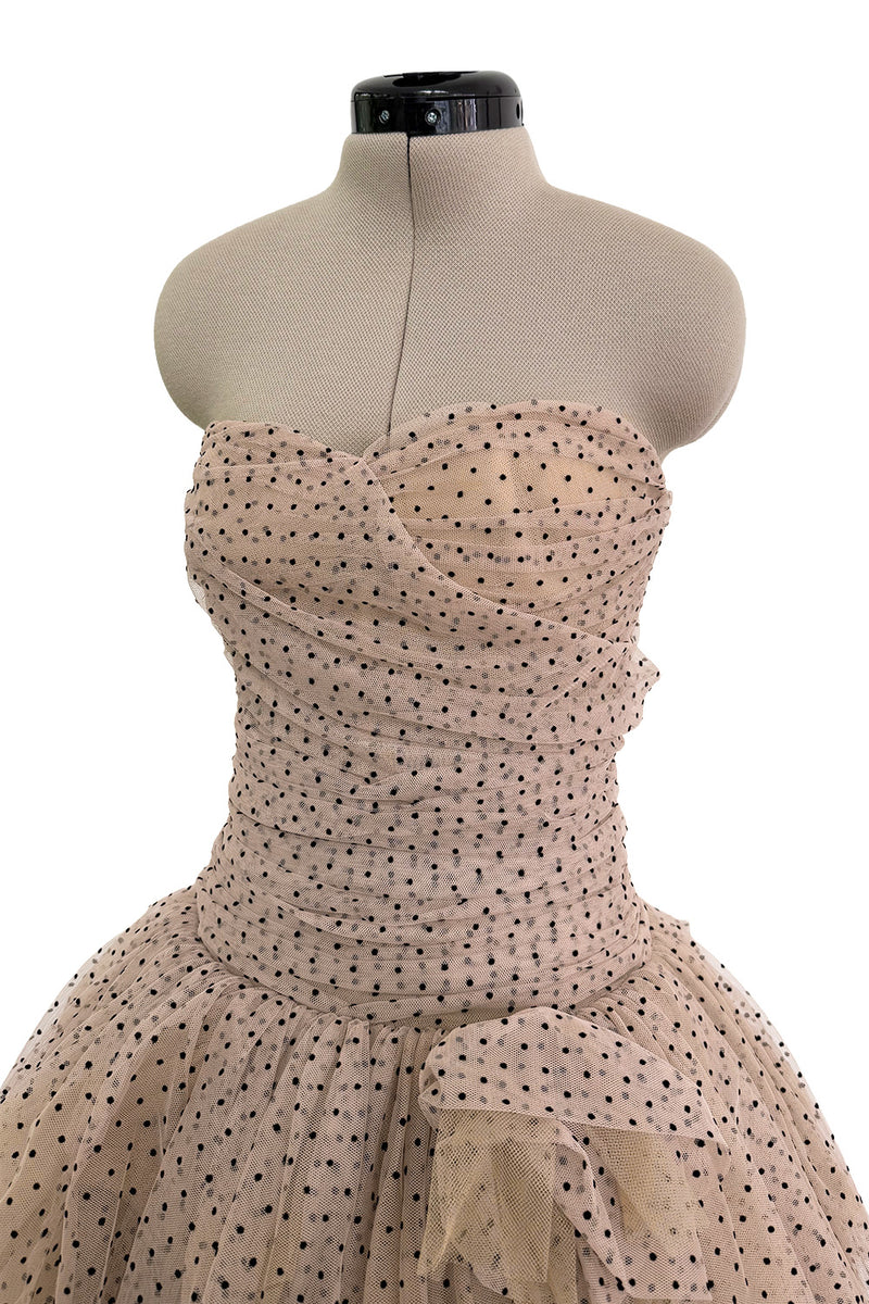 Prettiest Fall 2024 Atelier Prabal Gurung Look 7 Black Dotted Pale Nude Pinkish Net Strapless Dress w Full Skirts