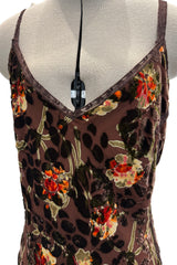 Beautiful Fall 2005 John Galliano Bias Cut Soft Brown Cut Devore Velvet & Chiffon Floral Print Dress