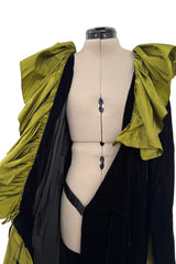 Amazing Fall 1984 Yves Saint Laurent Runway Black Velvet Wrap Dress w Olive Silk Taffeta Ruffles