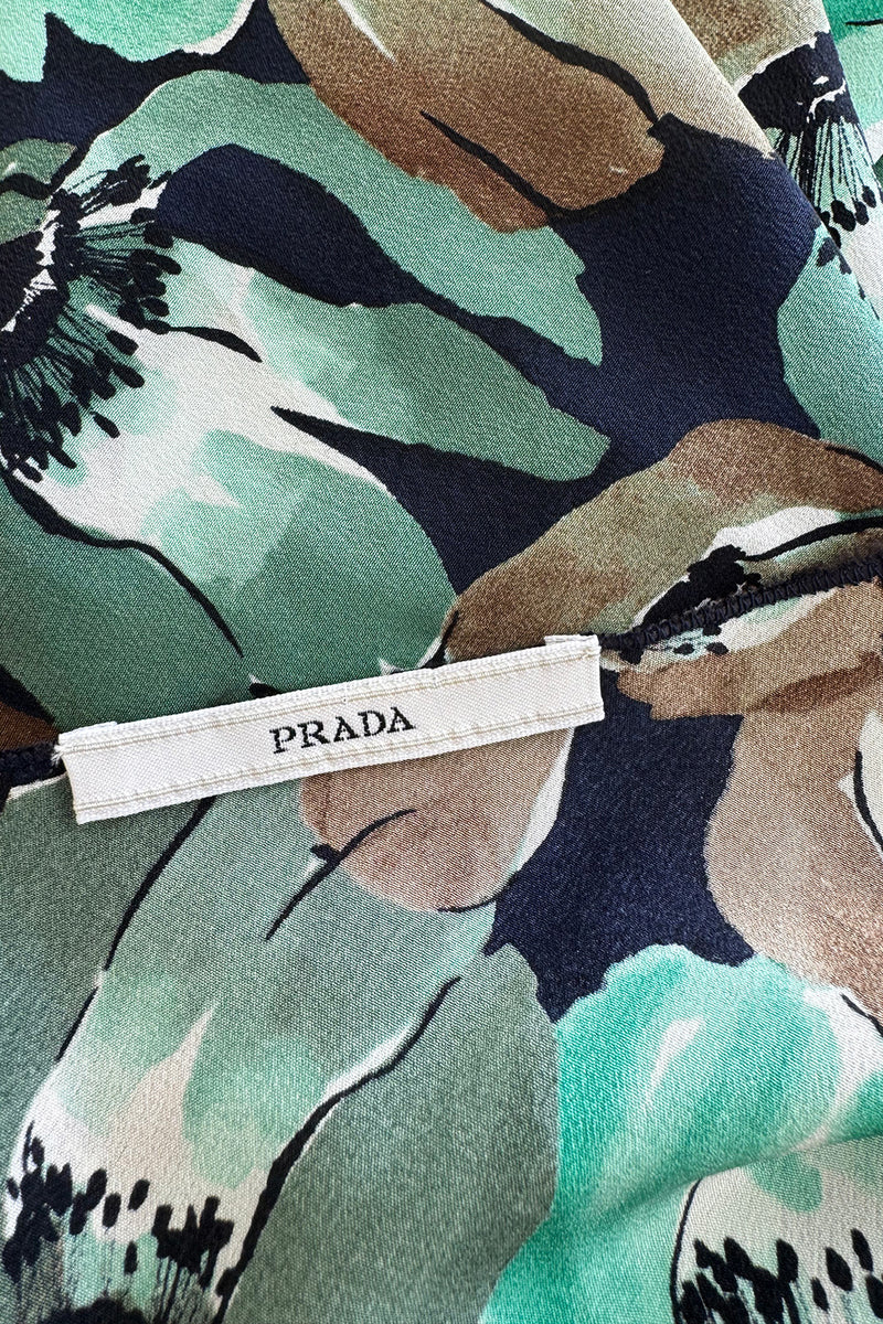 Prettiest 2019/2020 Prada 40s Inspired Lightweight Silk Dress w Green Floral Print & Ruffled Details