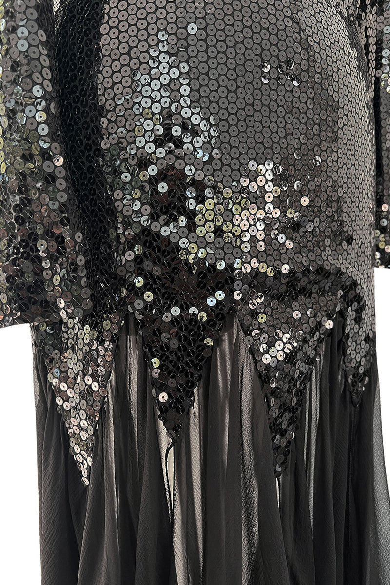 Incredible 1973 Loris Azzaro Couture Black Flame Sequin Detailing & Feather Light Silk Chiffon