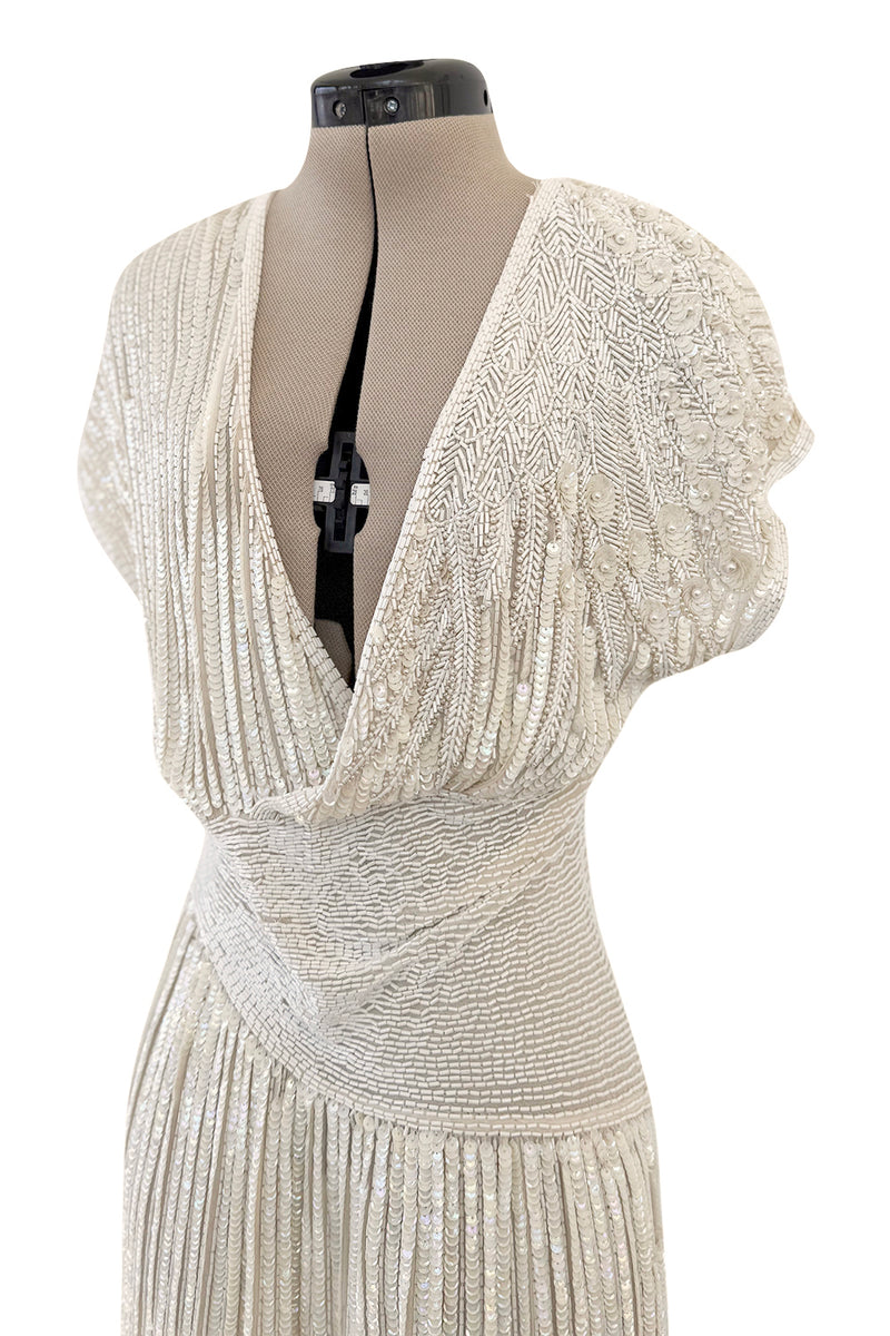 Prettiest 1970s Lillie Rubin Ivory Fully Sequinned & Applied Tube Beads on Silk Chiffon Dress