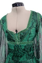 Well Documented Spring 1970 Unlabeled Thea Porter Green Butterfly Print Silk Chiffon Dress