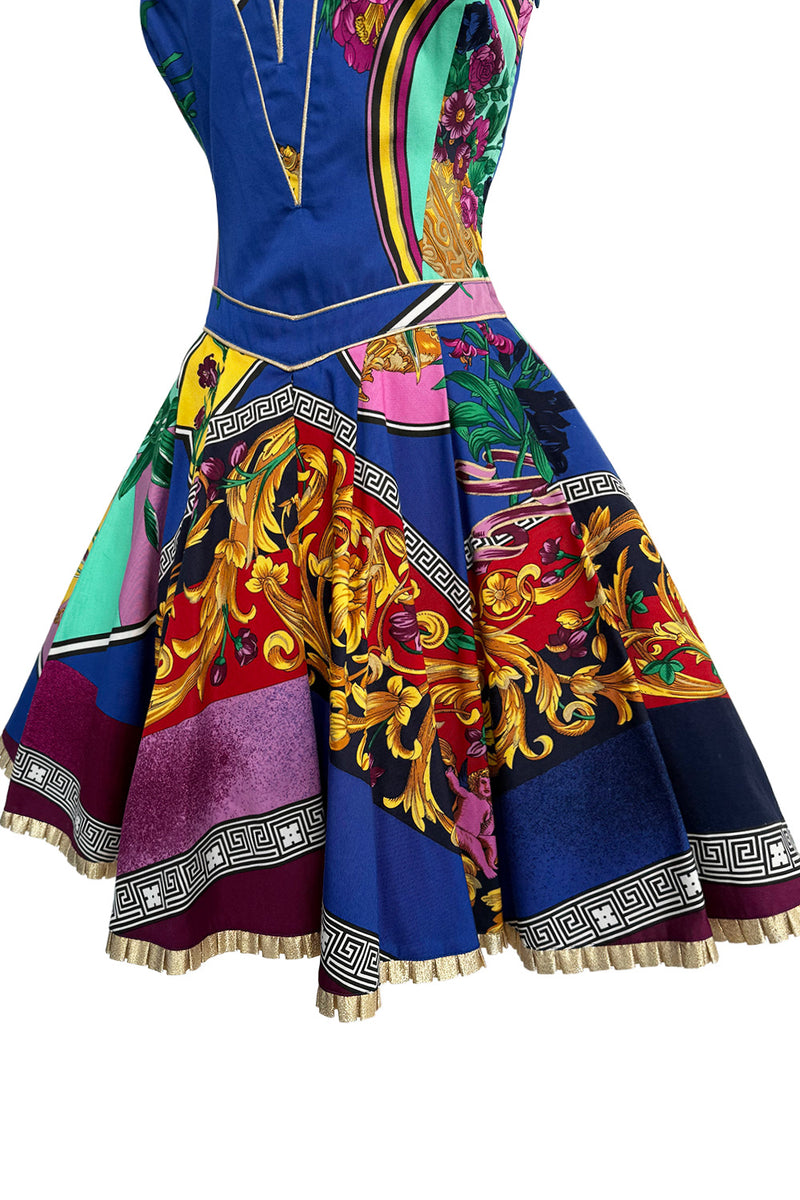 Iconic Spring 1992 Versace by Gianni Versace Jeans Couture Floral Print Full Skirt Halter Mini Dress