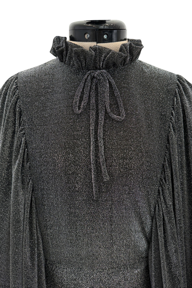 Spectacular 1970s Gina Fratini Metallic Deep Silver Lame Dress w Ruffle Collar &  Angel Sleeves