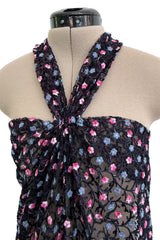 Sheer Fall 2024 Giorgio Armani Sample Deep Blue Net Dress w Embroidered Cotton Pink & Blue Flowers