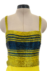 Exceptional 1960s James Galanos Yellow Silk Crepe w Blue & Yellow Beaded Back Cut Out Top