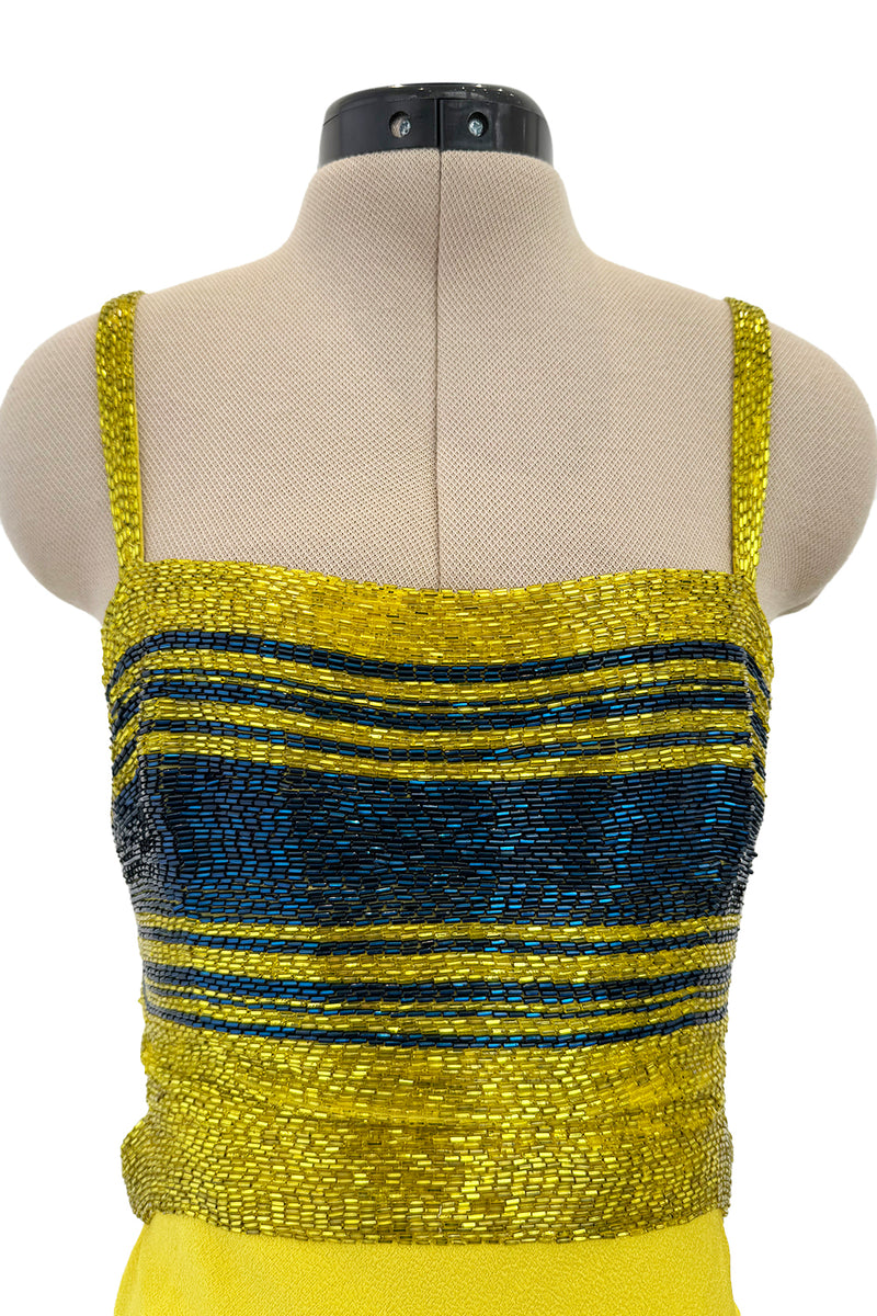 Exceptional 1960s James Galanos Yellow Silk Crepe w Blue & Yellow Beaded Back Cut Out Top