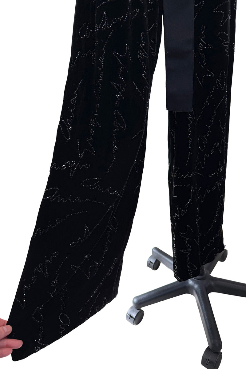 Exquisite Fall 2019 Giorgio Armani Runway Look 80 Velvet &Silk Ribbon Jumpsuit w Black Jet Beads