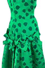 1980s Arnold Scaasi Brillaint Emerald Green Strapless Dress w Woven Heart Print & Bows