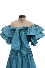 Spectacular 1970s Yves Saint Laurent Deep Turquoise Blue Silk Off Shoulder Fuffled Top & Matching Skirt Set