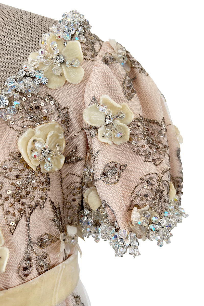 Outstanding 1967 George Halley Couture Heavily Embroidered, Rhinestone & Applique Soft Pink Dress
