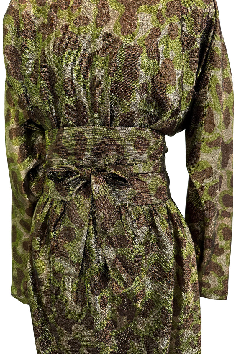 Fall 1979 Halston Runway Olive Brown & Deep Metallic Gold Leopard Print Bias Cut Dress w Belt