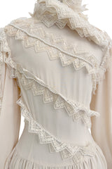Incredibly Rare Fall 1979 Chloe by Karl Lagerfeld Couture Runway Ivory Chiffon & Lace Dress w pearl Details