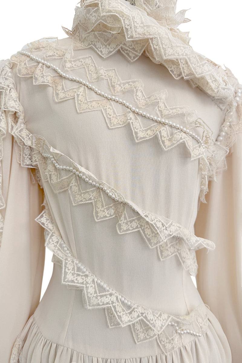 Incredibly Rare Fall 1979 Chloe by Karl Lagerfeld Couture Runway Ivory Chiffon & Lace Dress w pearl Details