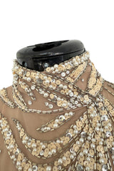 Incredible & Rare 1980s Bob Mackie Well Documented Ivory Sequin & Nude Stretch Net High Slit Dress