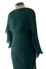 Fall 1975 Beautiful Halston Runway Flowing Deep Green Silk Chiffon w Low Back Plunge