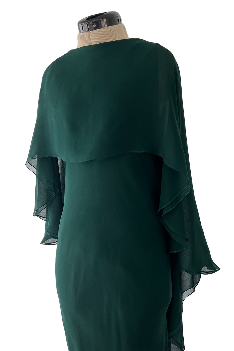 Fall 1975 Beautiful Halston Runway Flowing Deep Green Silk Chiffon w Low Back Plunge