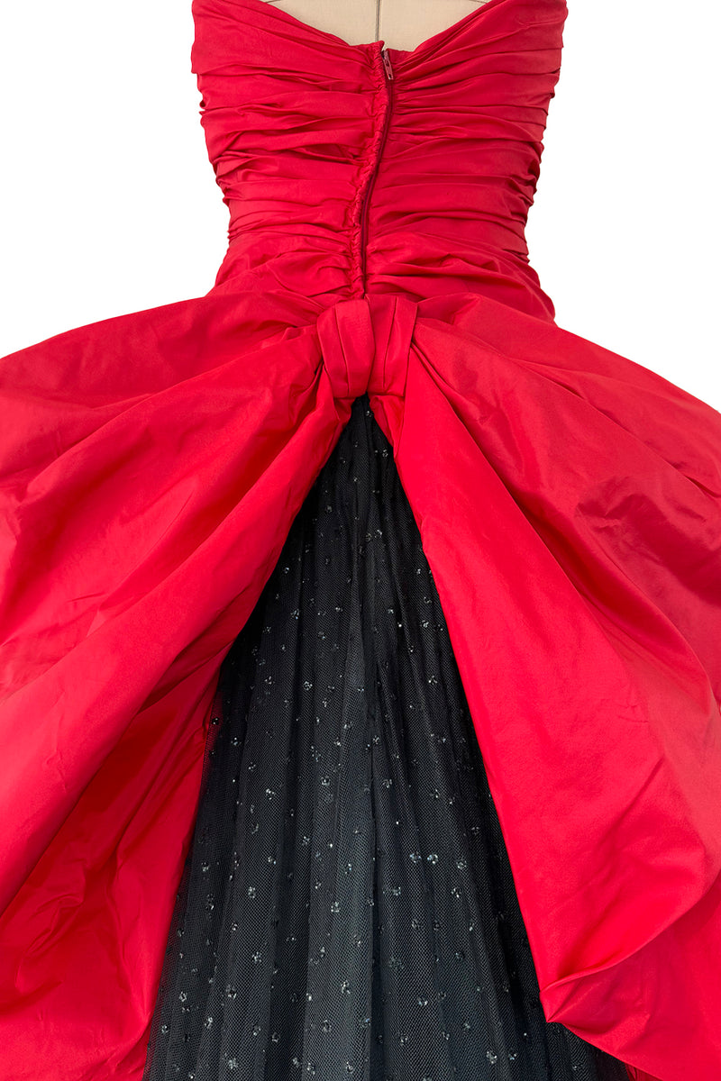Late 1980s Bellville Sassoon Strapless Red Silk Dress w Full Skirt & Black Glitter Tulle Underskirt & Bow