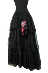 1940s Jean Patou Haute Couture Strapless Black Silk Chiffon Dress w Tiered Full Skirt