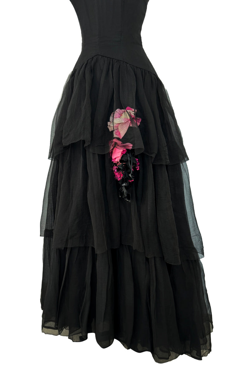 1940s Jean Patou Haute Couture Strapless Black Silk Chiffon Dress w Tiered Full Skirt