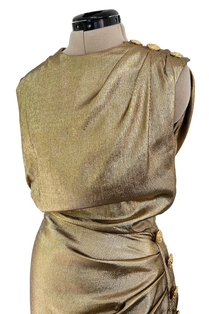 Iconic Fall 1991 Yves Saint Laurent Runway Slinky Gold Lame Dress w Gold Button Details