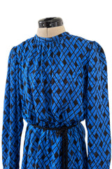 Divine Fall 1979 Yves Saint Laurent True Haute Couture Blue Silk Harlequin Print Dress w Ruffled Cuffs