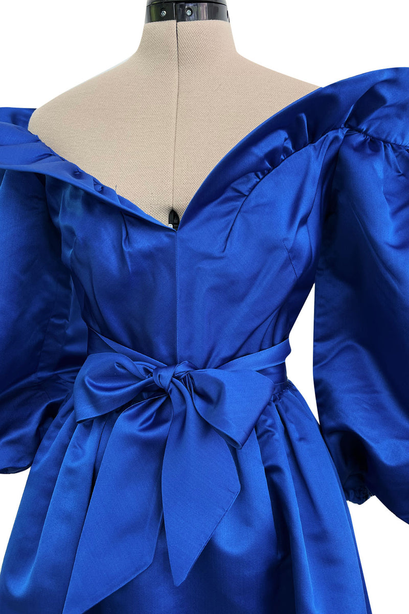 Wonderful 1980s Dan Werle Brillant Blue Silk Dress w Ruffled Off Shoulder Neckline