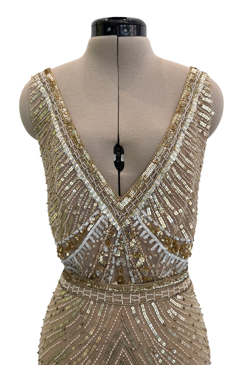 Prettiest 2000s Valentino Roma Metallic Gold Sequin & Bead Silk Chiffon on Netting Top and Skirt Set