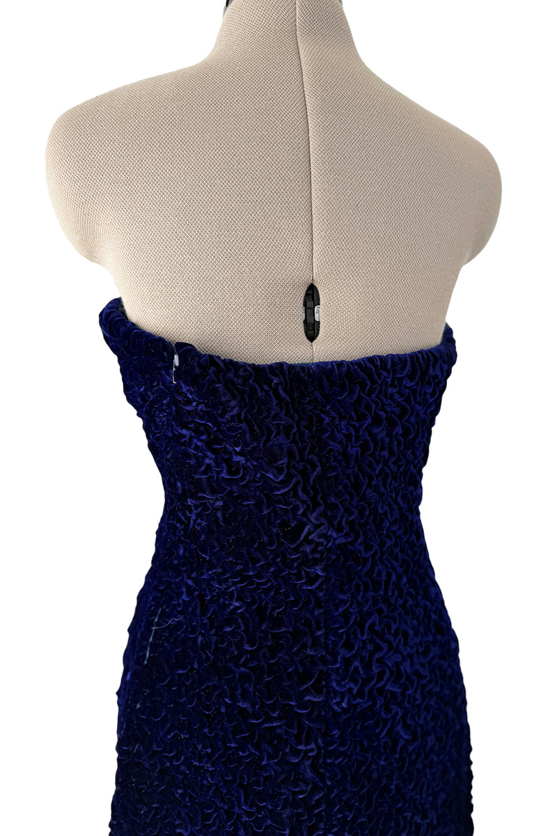 Fantastic Fall 1986 Yves Saint Laurent Runway Strapless Deep Purple-Blue Hand Gathered Velvet Dress