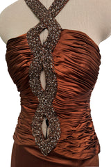 Chic 2000s Gianni Versace Bronze Gathered Silk Bodice Dress w an Elaborately Beaded Cut Out Front & Sweepimng Back
