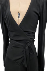 Incredibly Rare 1970s Holly’s Harp Bias Cut Black Jersey Dress w Crossed over Plunging Front