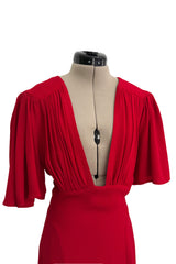 Fantastic Fall 1974 Ossie Clark Runway Documented Red Moss Crepe Dress w Plunging Front & Caped Sleeves