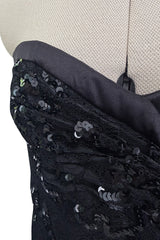 Fall 1992 Emanuel Ungaro Strapless Sequin SIlk & Lace Black Dress w Fringed & Beaded Hem