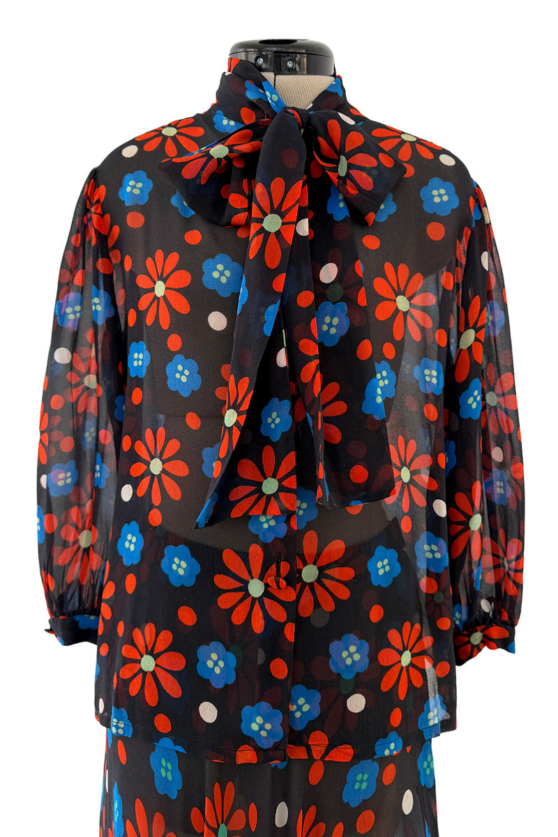 Outstanding Spring 1974 Yves Saint Laurent Floral Print Silk Chiffon Top & Skirt Set