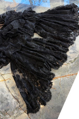 Incredible 1960s Donald Brooks Black Lace Tiered One Shoulder Jumpsuit w Wide Legs & Belt