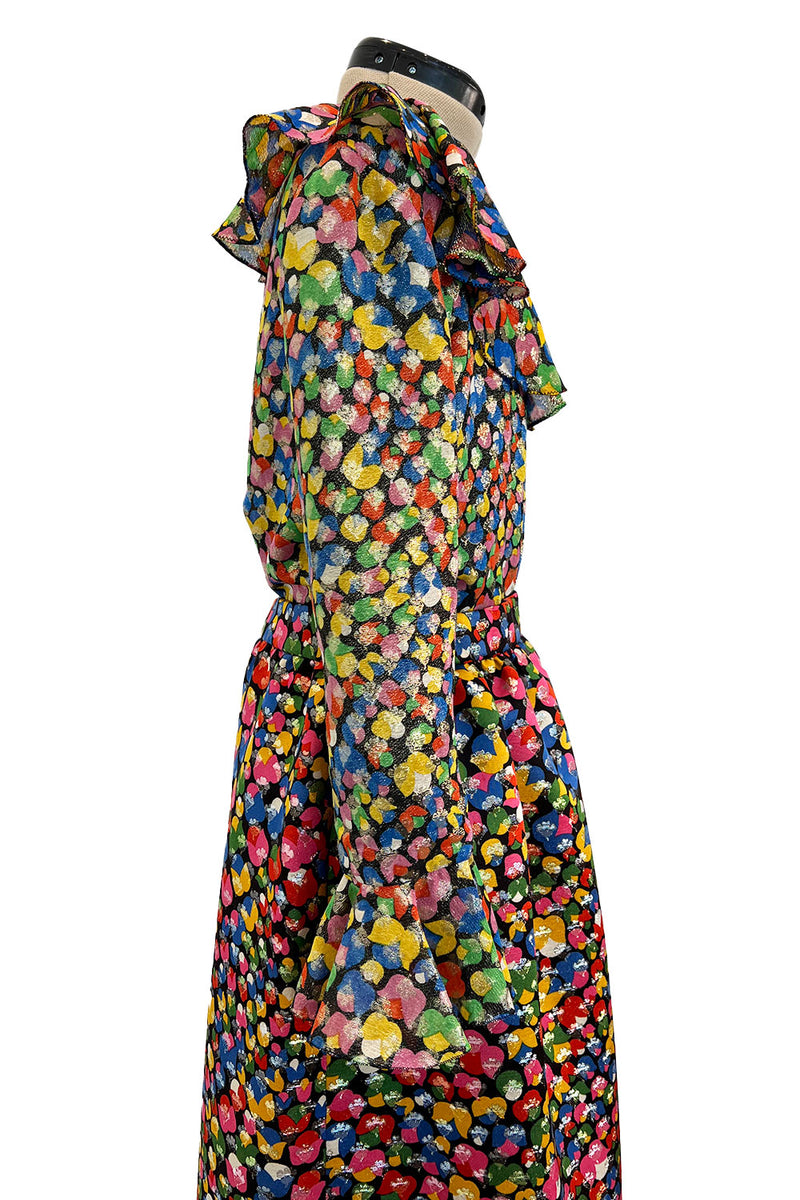 Numbered 1970s Christian Dior by Marc Bohan Demi-Couture Metallic Multi Color Silk Set