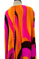 Spectacular c.1972 La Mendola Brilliant Pink, Orange, Tangerine & Black Silk Chiffon Caftan w Floor Length Cape Sleeves Sleeves