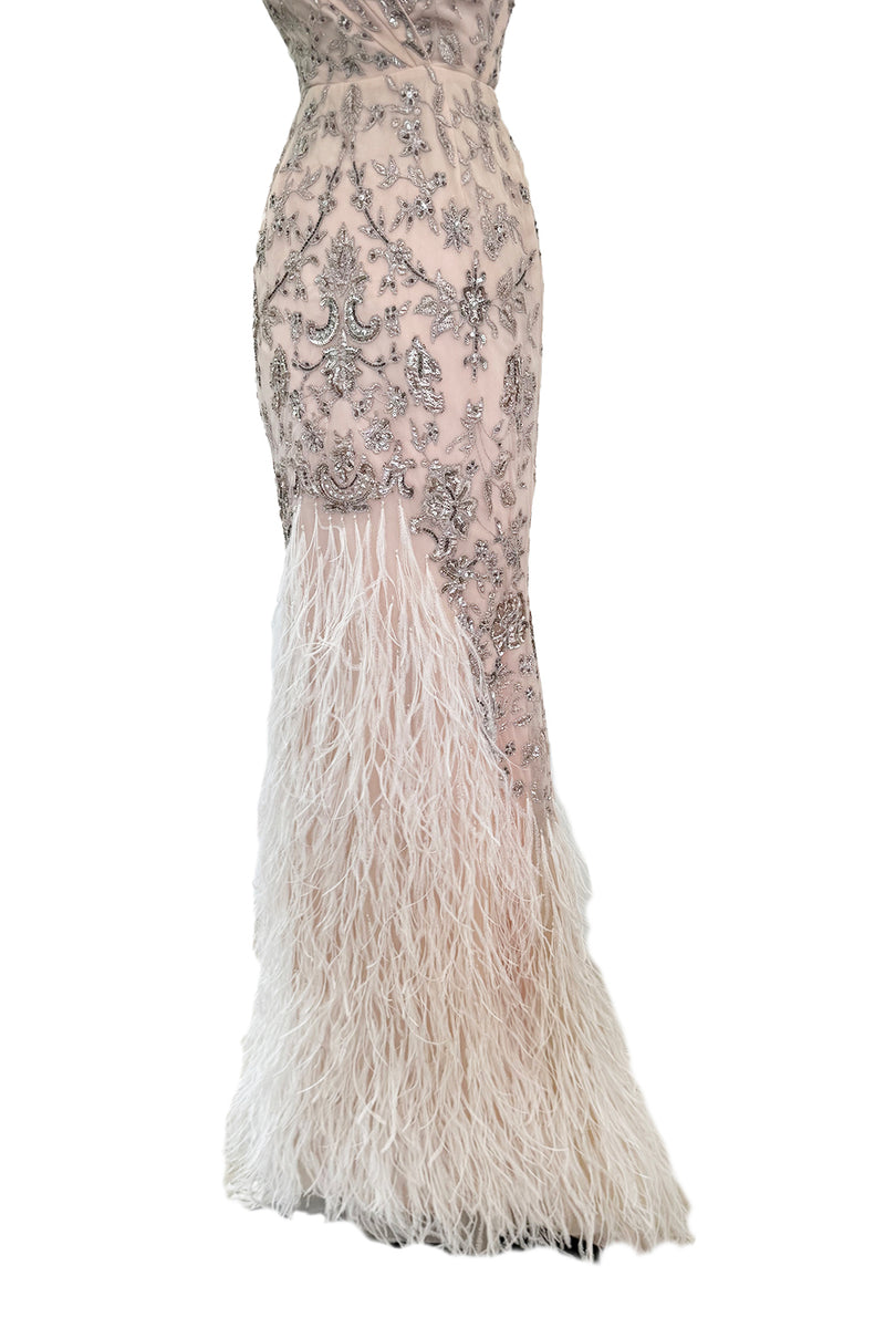 Dreamy Spring 2012 Oscar de la Renta Runway Look 47 Nude Pink Feather Dress w Silver Thread Flowers Detailing