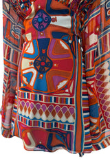 Fantastic 1970 Thea Porter w Documented Print by Sandra Munro Silk Chiffon Mini Dress w Ultra Wide Sleeves