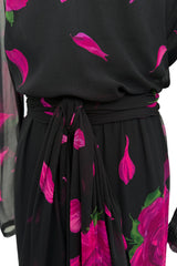 Gorgeous 1970s James Galanos Demi-Couture Silk Chiffon Dress w Vivid Pink Flower Print