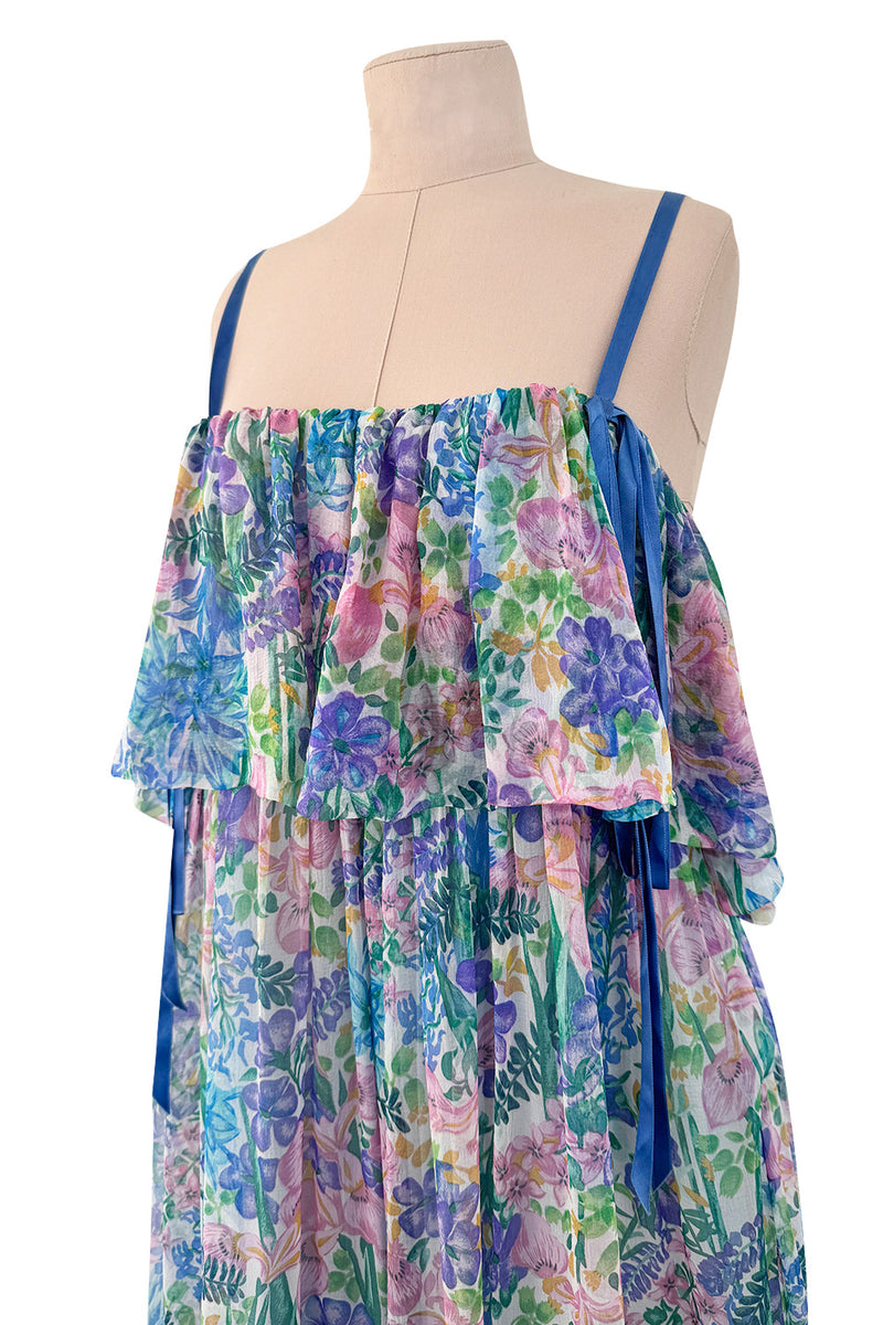 Spectacular Spring 1978 Christian Dior by Marc Bohan Blue Floral Silk Chiffon Dress w Ribbon Straps