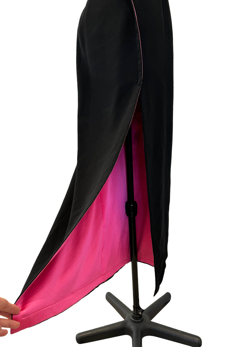 Fall 1999 Thierry Mugler 'Vie en Rose' Collection' Black Dress w High Slit & Vivid Pink Lining