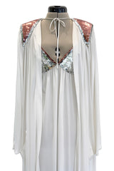 Late 1970s Ossie Clark White Jersey w Silver & Bronze Sequin Halter Dress w Matching Jacket