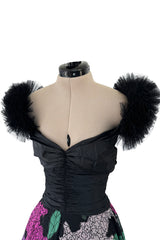 1990s Nina Ricci by Gerard Pipart Haute Couture Black Off Shoulder Dress w Hand Quilted Floral Skirt