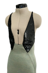 Incredible 1990s Geoffrey Beene Couture Dusty Green Jersey Plunge Dress w Sequins