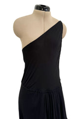 Important Spring 1979 Halston Couture Runway Black Silk Chiffon One Shoulder Wrap Dress