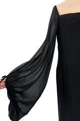 Minimalist c.1978 Pierre Cardin Haute Couture Black Silk Chiffon Dress w Huge Balloon Sleeves