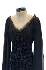 Beautiful Spring 2004 Alexander McQueen Cut Device Silk Velvet Dress w Silk Chiffon Balloon Sleeves